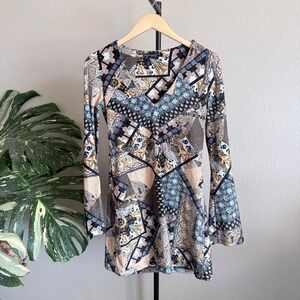 Zara Paisley Velvet 70s GoGo Long Sleeve Mini Dress Multicolor Retro Mod S